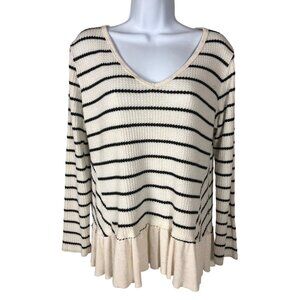 Maurices Sweater Women Size L White with Black Stripe V neck Ruffle Hemline